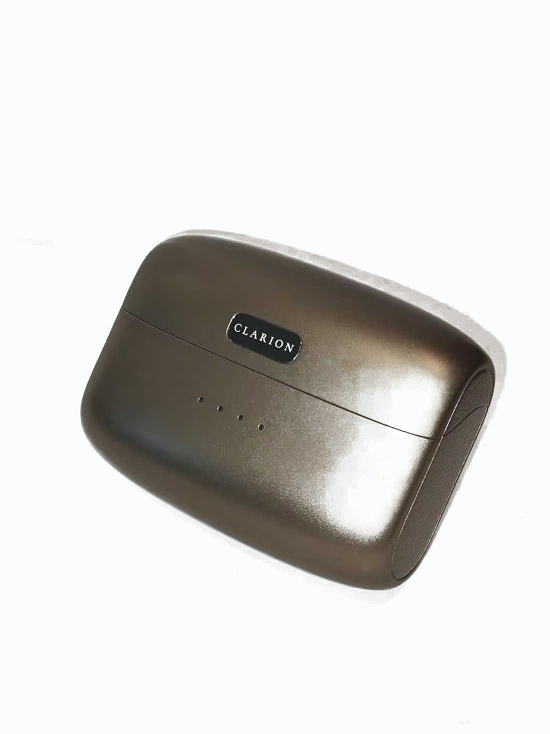 The Clarion charging case photographed at a three-quarter angle on white, the CLARION nameplate catching the light.